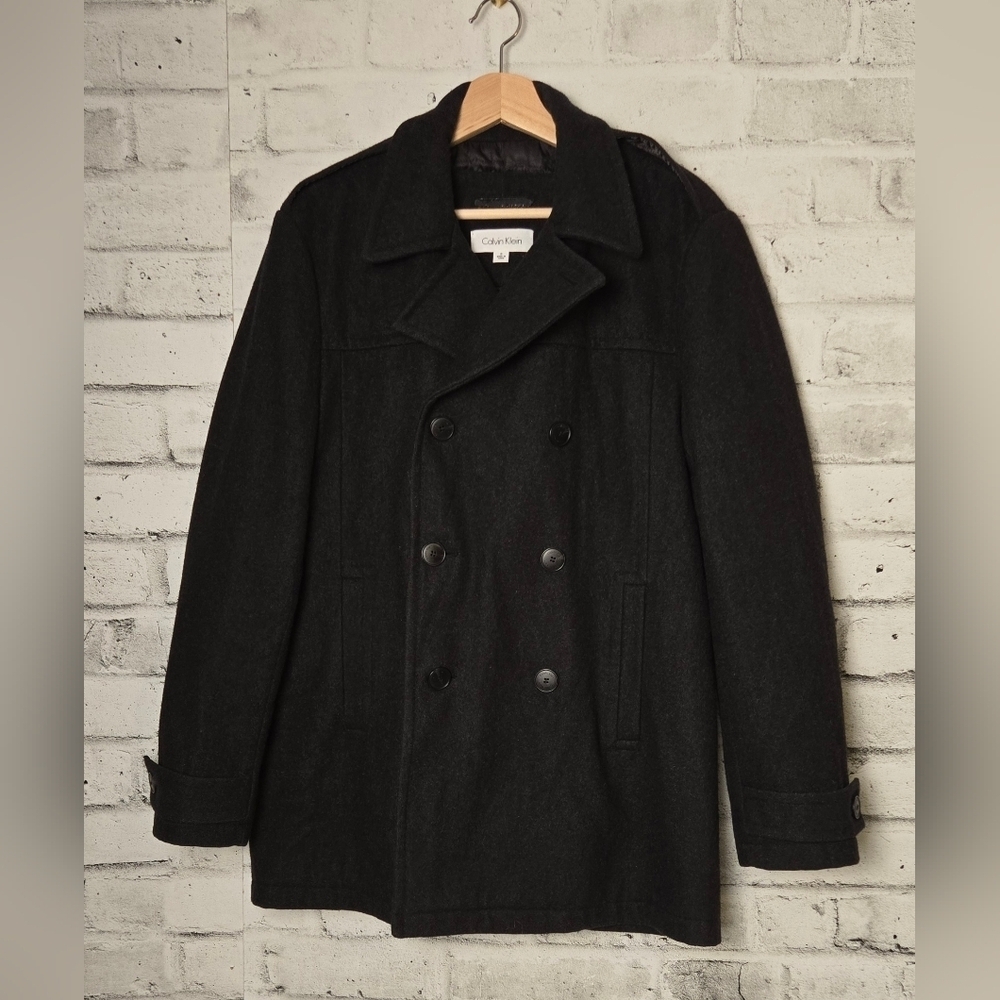 Calvin Klein Men’s Wool Blend Peacoat Black Double Breasted Jacket Sz S